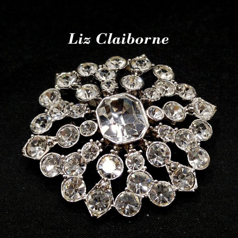 Liz Claiborne Rhinestone Snowflake Brooch, Clear Crystal Pin, Signed LC